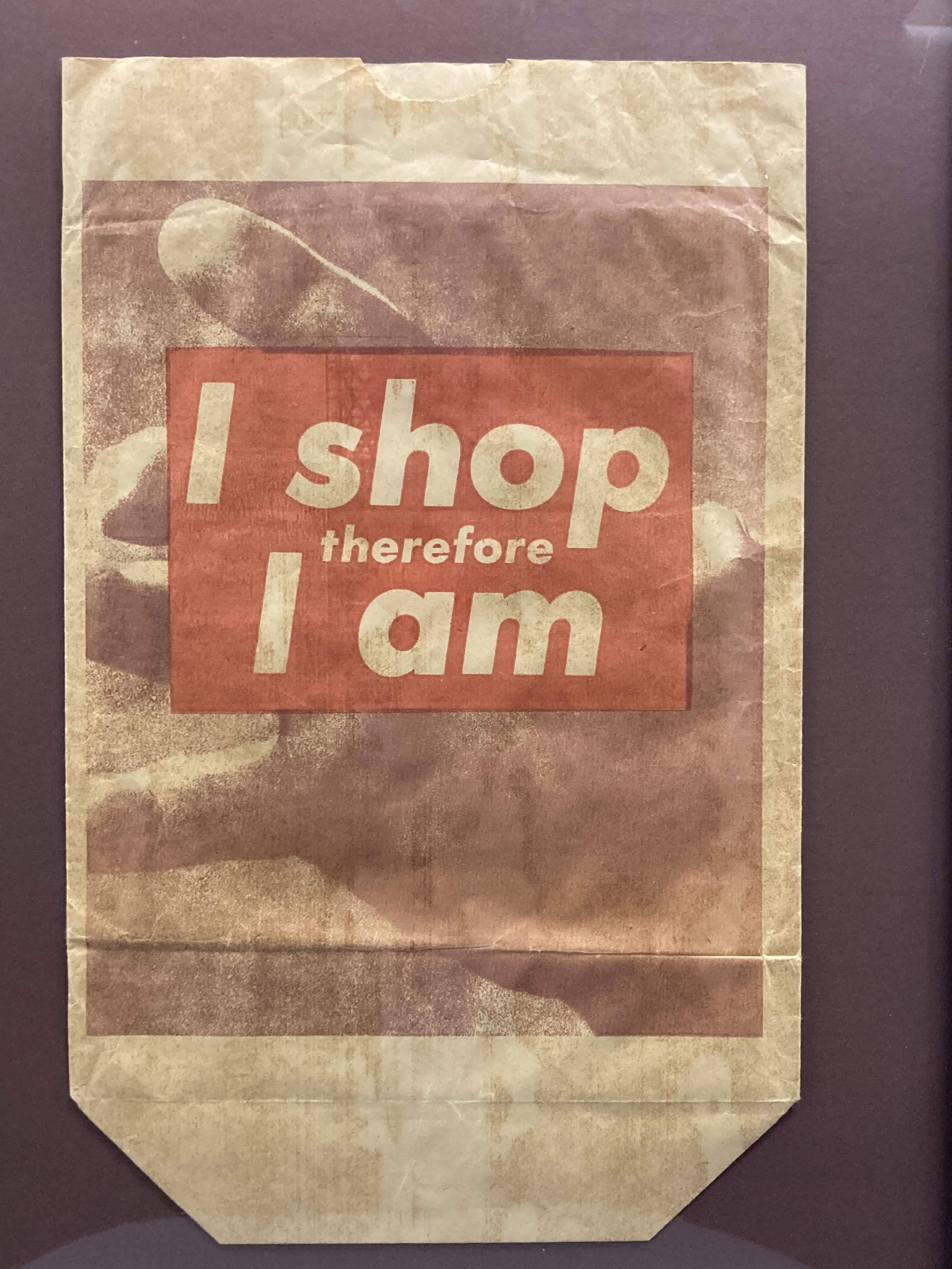 Barbara Kruger (1945-), photo lithograph on shopping bag, I shop therefore I am 1990, 44 x 27cm, and Ian Hamilton Finlay print, Venu